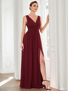 Color=Burgundy | Sleeveless Deep V Neck Thigh High Split Wholesale Bridesmaid Dresses-Burgundy 3