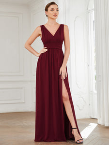 Color=Burgundy | Sleeveless Deep V Neck Thigh High Split Wholesale Bridesmaid Dresses-Burgundy 1
