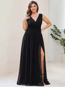 Color=Black | Sleeveless Deep V Neck Thigh High Split Wholesale Bridesmaid Dresses-Black 4