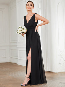 Color=Black | Sleeveless Deep V Neck Thigh High Split Wholesale Bridesmaid Dresses-Black 3
