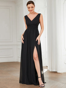 Color=Black | Sleeveless Deep V Neck Thigh High Split Wholesale Bridesmaid Dresses-Black 4
