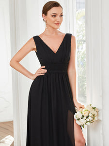 Color=Black | Sleeveless Deep V Neck Thigh High Split Wholesale Bridesmaid Dresses-Black 5