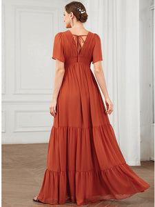 Color=Burnt Orange | Simple V Neck A Line Short Sleeves Wholesale Bridesmaid Dresses-Burnt Orange 2