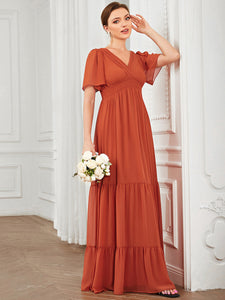 Color=Burnt Orange | Simple V Neck A Line Short Sleeves Wholesale Bridesmaid Dresses-Burnt Orange 3