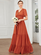 Load image into Gallery viewer, Color=Burnt Orange | Simple V Neck A Line Short Sleeves Wholesale Bridesmaid Dresses-Burnt Orange 1