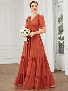 Color=Burnt Orange | Simple V Neck A Line Short Sleeves Wholesale Bridesmaid Dresses-Burnt Orange 1