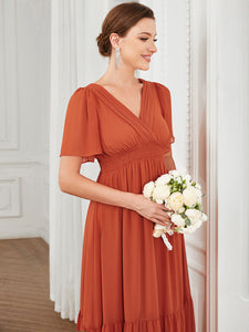 Color=Burnt Orange | Simple V Neck A Line Short Sleeves Wholesale Bridesmaid Dresses-Burnt Orange 5