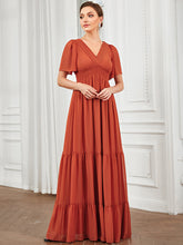 Load image into Gallery viewer, Color=Burnt Orange | Simple V Neck A Line Short Sleeves Wholesale Bridesmaid Dresses-Burnt Orange 4