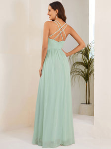 Color=Mint Green | Spaghetti Straps Slit A-Line Wholesale Chiffon Bridesmaid Dress With Ruffle Detail-Mint Green 3