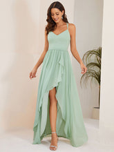 Load image into Gallery viewer, Color=Mint Green | Spaghetti Straps Slit A-Line Wholesale Chiffon Bridesmaid Dress With Ruffle Detail-Mint Green 4