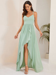 Color=Mint Green | Spaghetti Straps Slit A-Line Wholesale Chiffon Bridesmaid Dress With Ruffle Detail-Mint Green 4