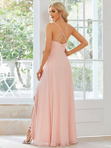Color=Pink | Spaghetti Straps Split Ruffles Wholesale Bridesmaid Dresses-Pink 2