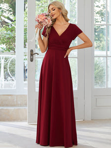 Color=Burgundy | V Neck A Line Ruched Wholesale Bridesmaid Dresses-Burgundy 3