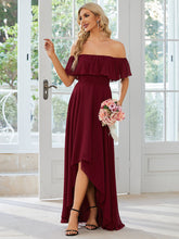 Load image into Gallery viewer, Color=Burgundy | Off Shoulder Chiffon Split Wholesale Bridesmaid Dresses-Burgundy 4