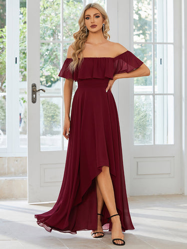 Color=Burgundy | Off Shoulder Chiffon Split Wholesale Bridesmaid Dresses-Burgundy 1