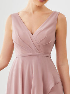 Color=Dusty Rose | Wholesale Bridesmaid Dresses With Deep V Neck and Asymmetrical Hem-Dusty Rose 5