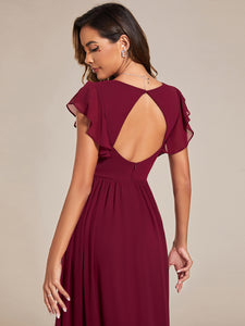 Color=Burgundy | V Neck Pleated Belted Ruffles Wholesale Bridesmaid Dresses-Burgundy 5