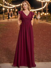 Load image into Gallery viewer, Color=Burgundy | V Neck Pleated Belted Ruffles Wholesale Bridesmaid Dresses-Burgundy 1