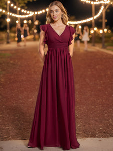 Color=Burgundy | V Neck Pleated Belted Ruffles Wholesale Bridesmaid Dresses-Burgundy 1