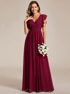 Color=Burgundy | V Neck Pleated Belted Ruffles Wholesale Bridesmaid Dresses-Burgundy 2