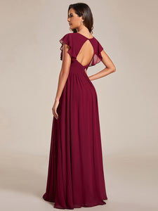 Color=Burgundy | V Neck Pleated Belted Ruffles Wholesale Bridesmaid Dresses-Burgundy 3