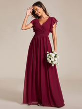 Load image into Gallery viewer, Color=Burgundy | V Neck Pleated Belted Ruffles Wholesale Bridesmaid Dresses-Burgundy 4
