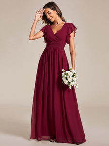 Color=Burgundy | V Neck Pleated Belted Ruffles Wholesale Bridesmaid Dresses-Burgundy 4