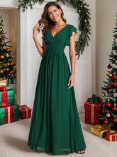 Load image into Gallery viewer, Color=Dark Green | V Neck Pleated Belted Ruffles Wholesale Bridesmaid Dresses-Dark Green 22