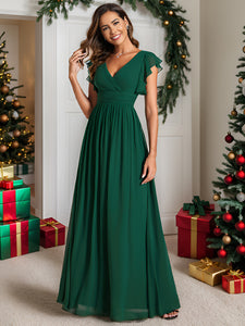 Color=Dark Green | V Neck Pleated Belted Ruffles Wholesale Bridesmaid Dresses-Dark Green 22
