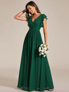 Color=Dark Green | V Neck Pleated Belted Ruffles Wholesale Bridesmaid Dresses-Dark Green 25