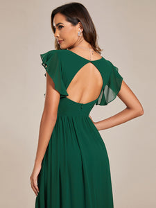 Color=Dark Green | V Neck Pleated Belted Ruffles Wholesale Bridesmaid Dresses-Dark Green 