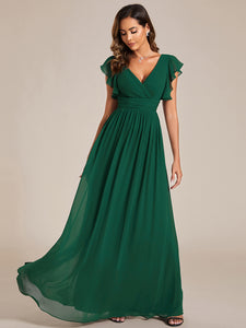 Color=Dark Green | V Neck Pleated Belted Ruffles Wholesale Bridesmaid Dresses-Dark Green 23