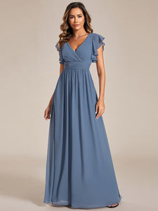 Color=Dusty Navy | V Neck Pleated Belted Ruffles Wholesale Bridesmaid Dresses-Dusty Navy 