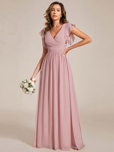 Color=Dusty Rose | V Neck Pleated Belted Ruffles Wholesale Bridesmaid Dresses-Dusty Rose 11