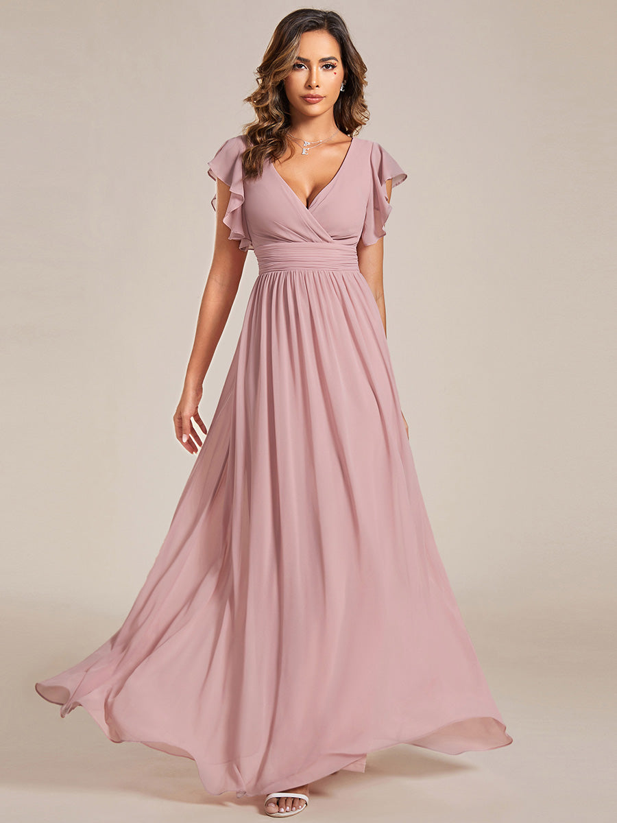Color=Dusty Rose | V Neck Pleated Belted Ruffles Wholesale Bridesmaid Dresses-Dusty Rose 8