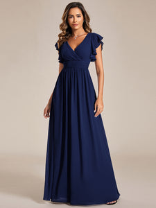 Color=Navy Blue | V Neck Pleated Belted Ruffles Wholesale Bridesmaid Dresses-Navy Blue 16
