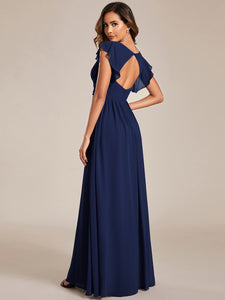 Color=Navy Blue | V Neck Pleated Belted Ruffles Wholesale Bridesmaid Dresses-Navy Blue 19