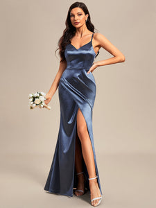 Color=Stormy | Spaghetti Straps Split Wholesale Stain Bridesmaid Dresses-Stormy 1