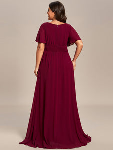 Color=Burgundy | Plus Round Neck Pleated Wholesale Bridesmaid Dresses-Burgundy 2