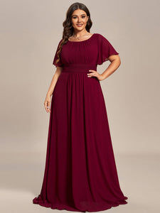 Color=Burgundy | Plus Round Neck Pleated Wholesale Bridesmaid Dresses-Burgundy 1