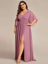 Load image into Gallery viewer, Color=Orchid | Plus V Neck Pleated Belt Wholesale Chiffon Bridesmaid Dresses-Orchid 4