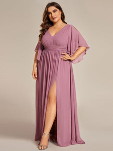 Color=Orchid | Plus V Neck Pleated Belt Wholesale Chiffon Bridesmaid Dresses-Orchid 4