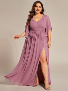 Color=Orchid | Plus V Neck Pleated Belt Wholesale Chiffon Bridesmaid Dresses-Orchid 1