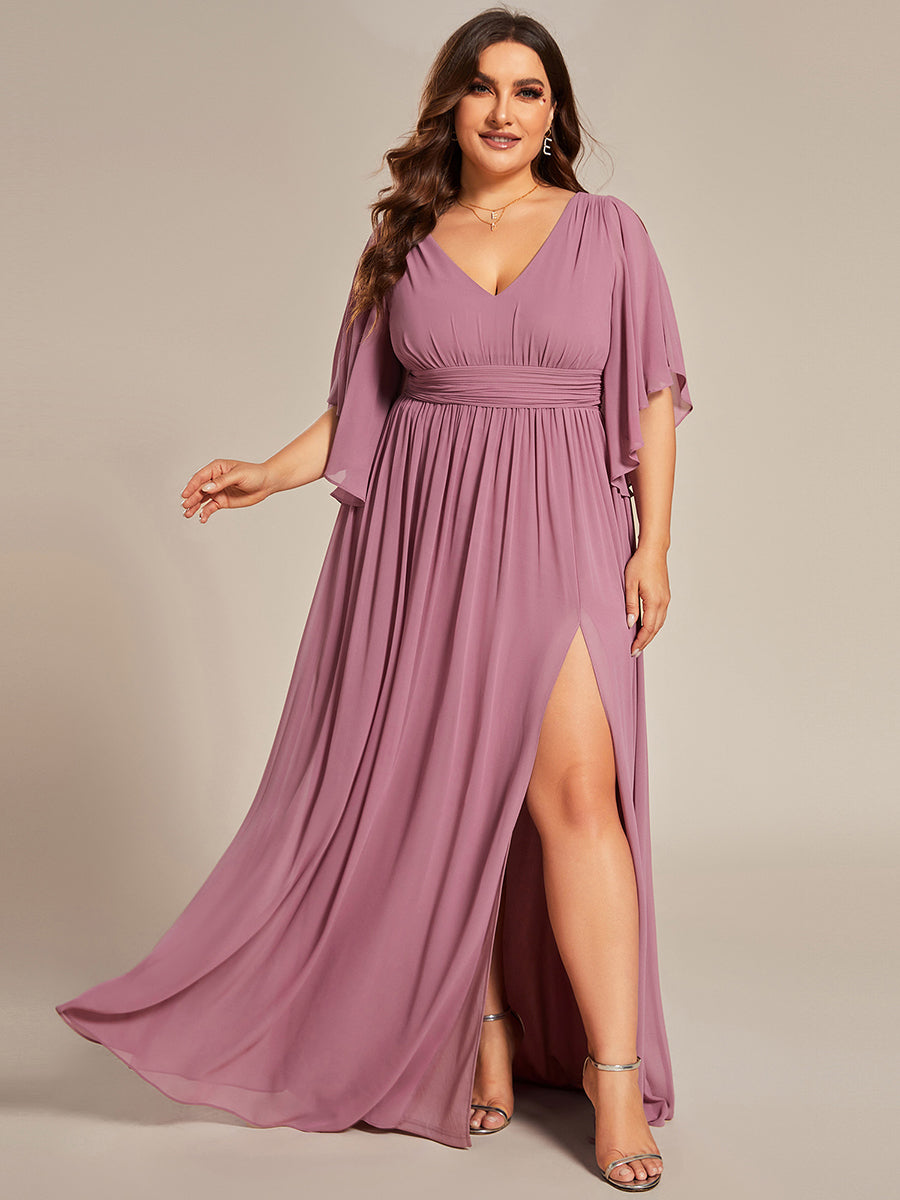 Color=Orchid | Plus V Neck Pleated Belt Wholesale Chiffon Bridesmaid Dresses-Orchid 1