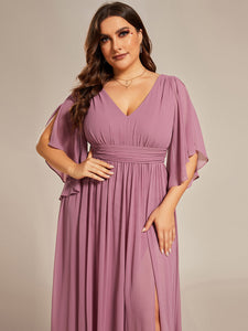 Color=Orchid | Plus V Neck Pleated Belt Wholesale Chiffon Bridesmaid Dresses-Orchid 5