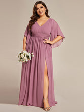 Load image into Gallery viewer, Color=Orchid | Plus V Neck Pleated Belt Wholesale Chiffon Bridesmaid Dresses-Orchid 3