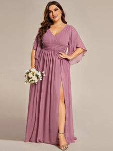 Color=Orchid | Plus V Neck Pleated Belt Wholesale Chiffon Bridesmaid Dresses-Orchid 3