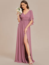 Load image into Gallery viewer, Color=Orchid | V Neck Pleated Belt Wholesale Chiffon Bridesmaid Dresses-Orchid 1