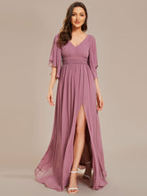 Load image into Gallery viewer, Color=Orchid | V Neck Pleated Belt Wholesale Chiffon Bridesmaid Dresses-Orchid 4