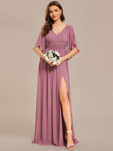 Load image into Gallery viewer, Color=Orchid | V Neck Pleated Belt Wholesale Chiffon Bridesmaid Dresses-Orchid 3